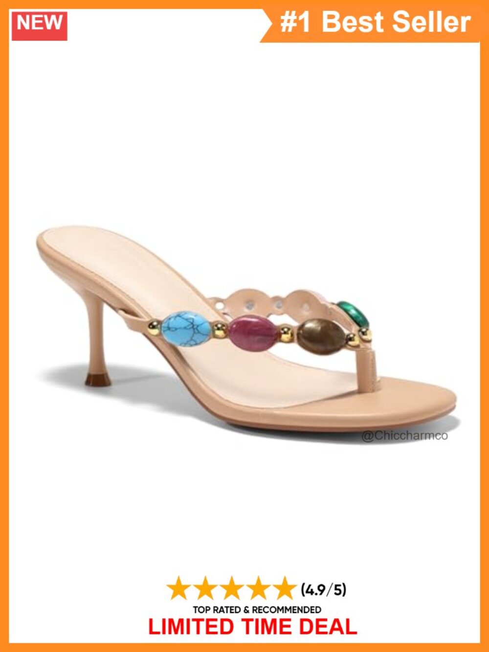 Jeweled Kitten Heel Thong Sandals Faux Leather Slip On